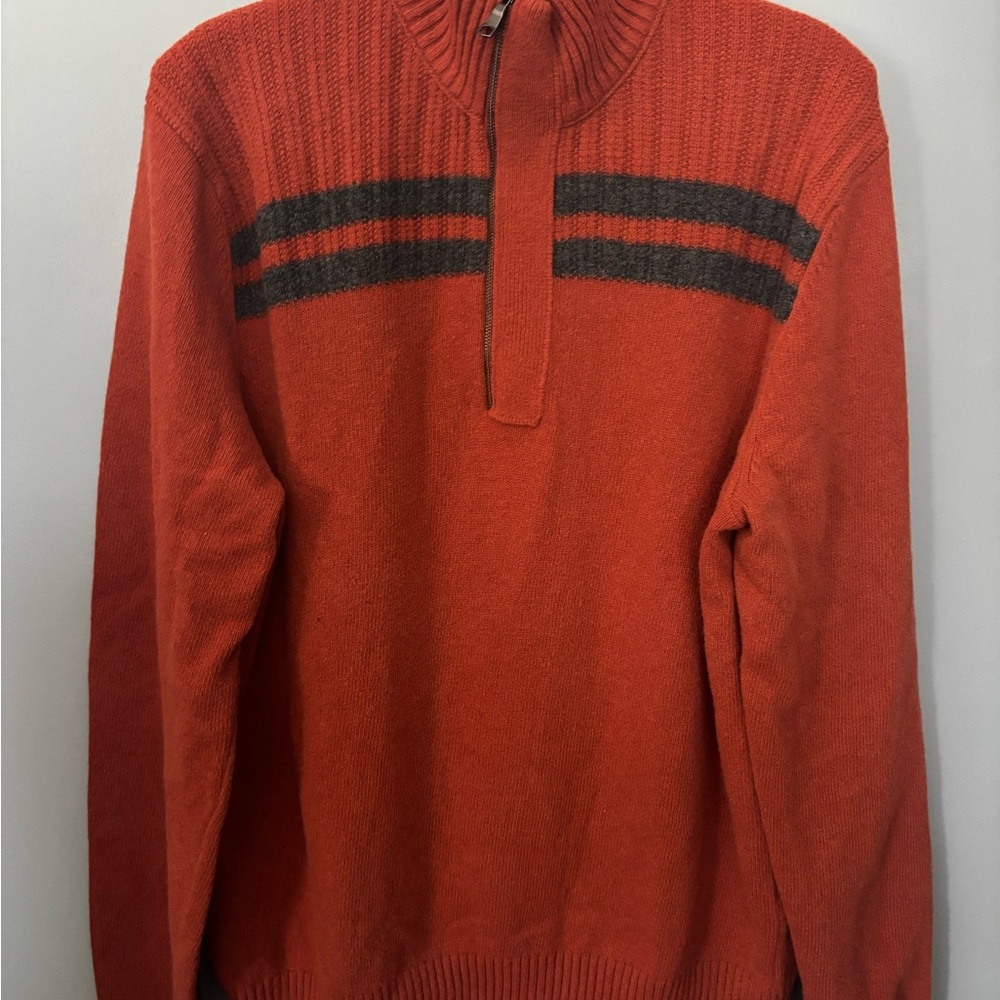 Banana Republic Men's Orange Zip-Up Sweater with Dark Stripes